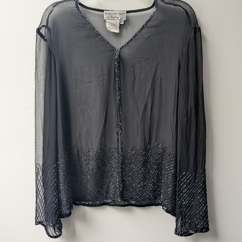 Vtg Long Sleeve Evening Top Black Beaded Sheer Silk V-Neck XL Cocktail Elegant
